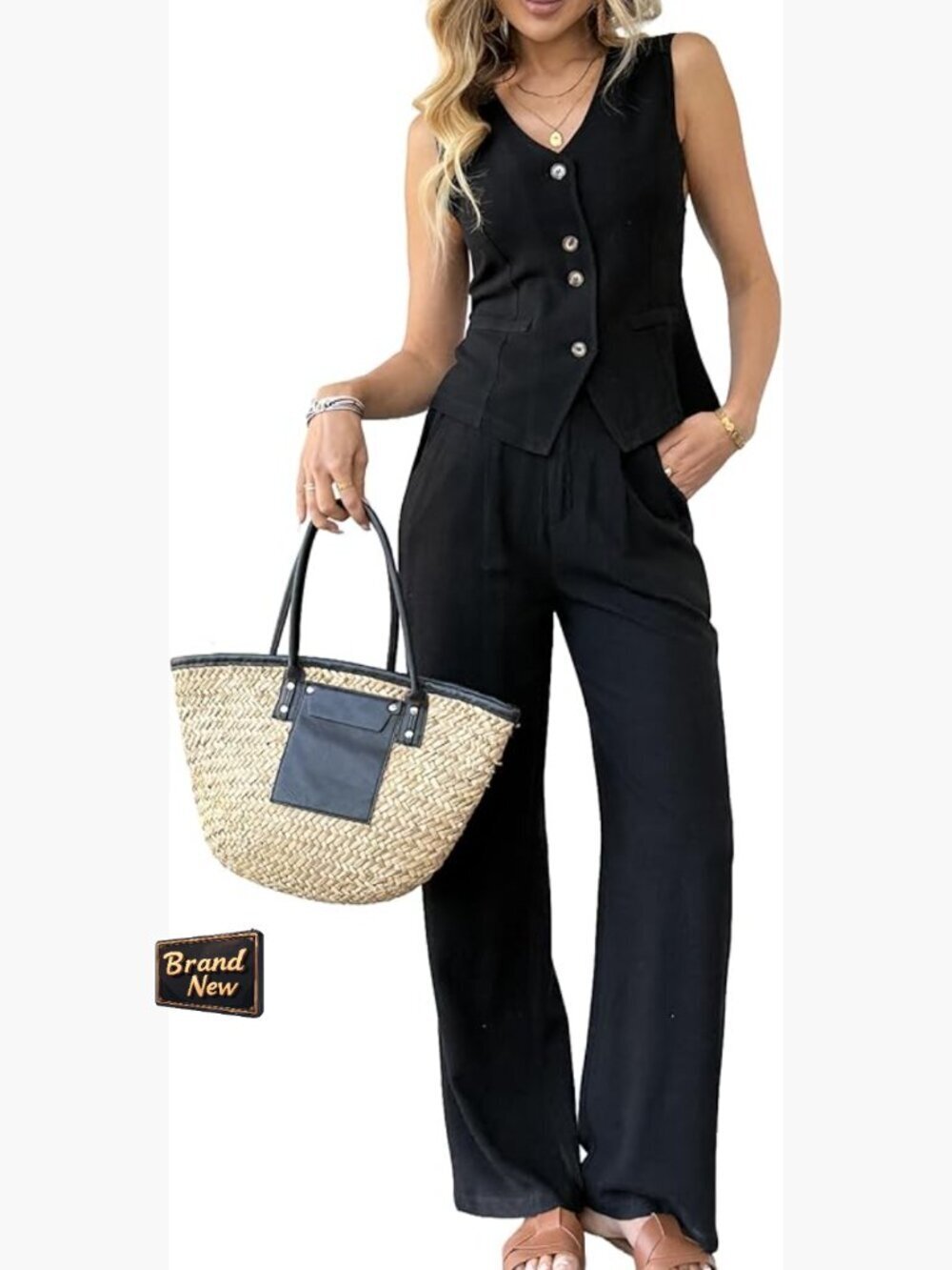 Women's Linen Blend 2 Piece Set Vest & Wide Leg Pants Suit